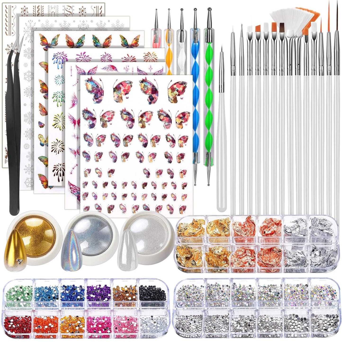 FANDAMEI Nail Decorations For Nail Art, Nail Art Kit, Nail Design Kit, Nail Brushes, Rhinestones For Nails, Nail Stickers, Pearl Chrome Nail Powder, Chrome Powder For Nails, Nail Design Tools, White