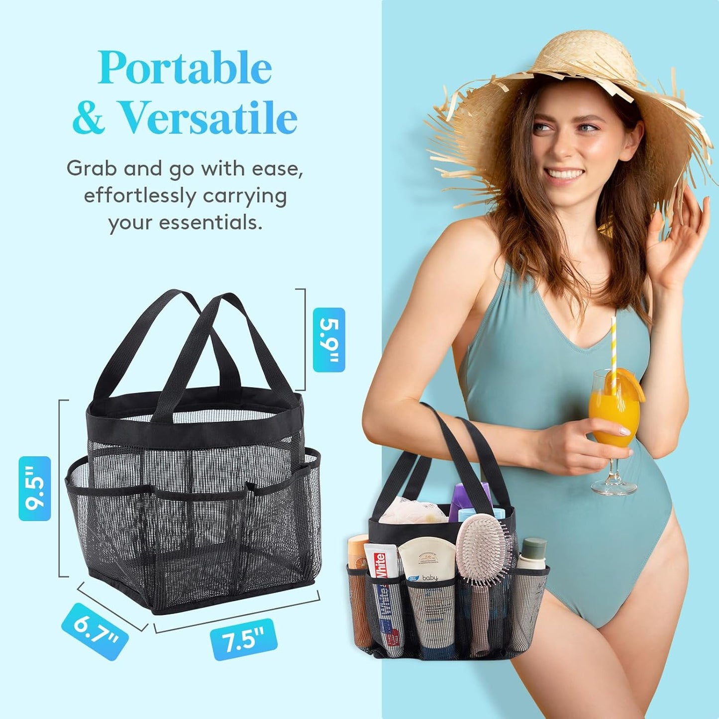 Lifewit Mesh Shower Caddy Freestanding Portable Shower Tote Bag for College Dorm, Bathroom, Gym, Travel, Quick Dry Hanging Organizer with 7 Storage Pockets for Toiletry Essentials, Medium,Black