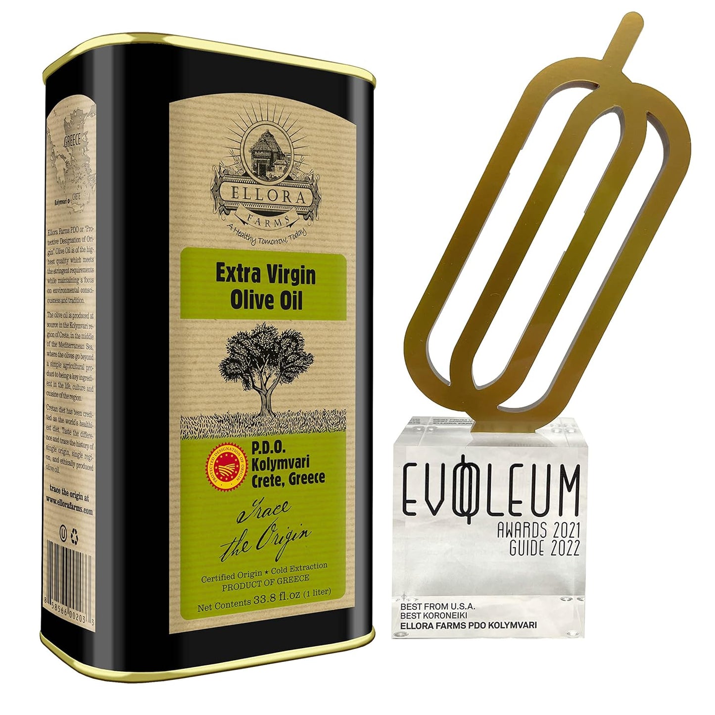 Ellora Farms Olive Oil Extra Virgin, Traceable & Certified PDO Polyphenol Rich Extra Virgin Olive Oil Cold Pressed, Global Gold Awards, Kosher, Single Origin from Crete, Greece 33.8 Fl oz, Pack of 2