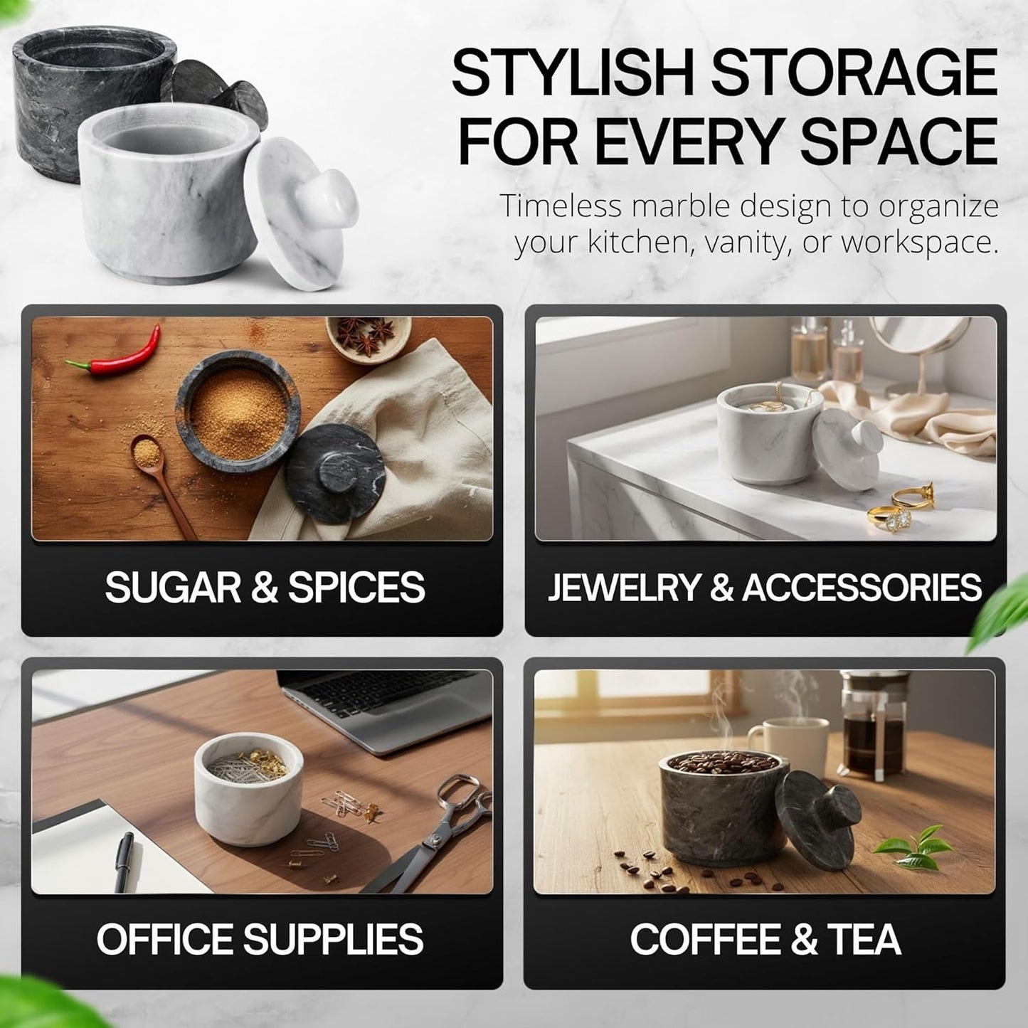 Flexzion Marble Salt Cellar with Lid - Salt and Pepper Bowls Dish Container for Kitchen - Marble Pepper Jar Storage Box Holder for Paprika, Herbs, Sugar, Jewelry & Watches (Set of 2, Black & White)