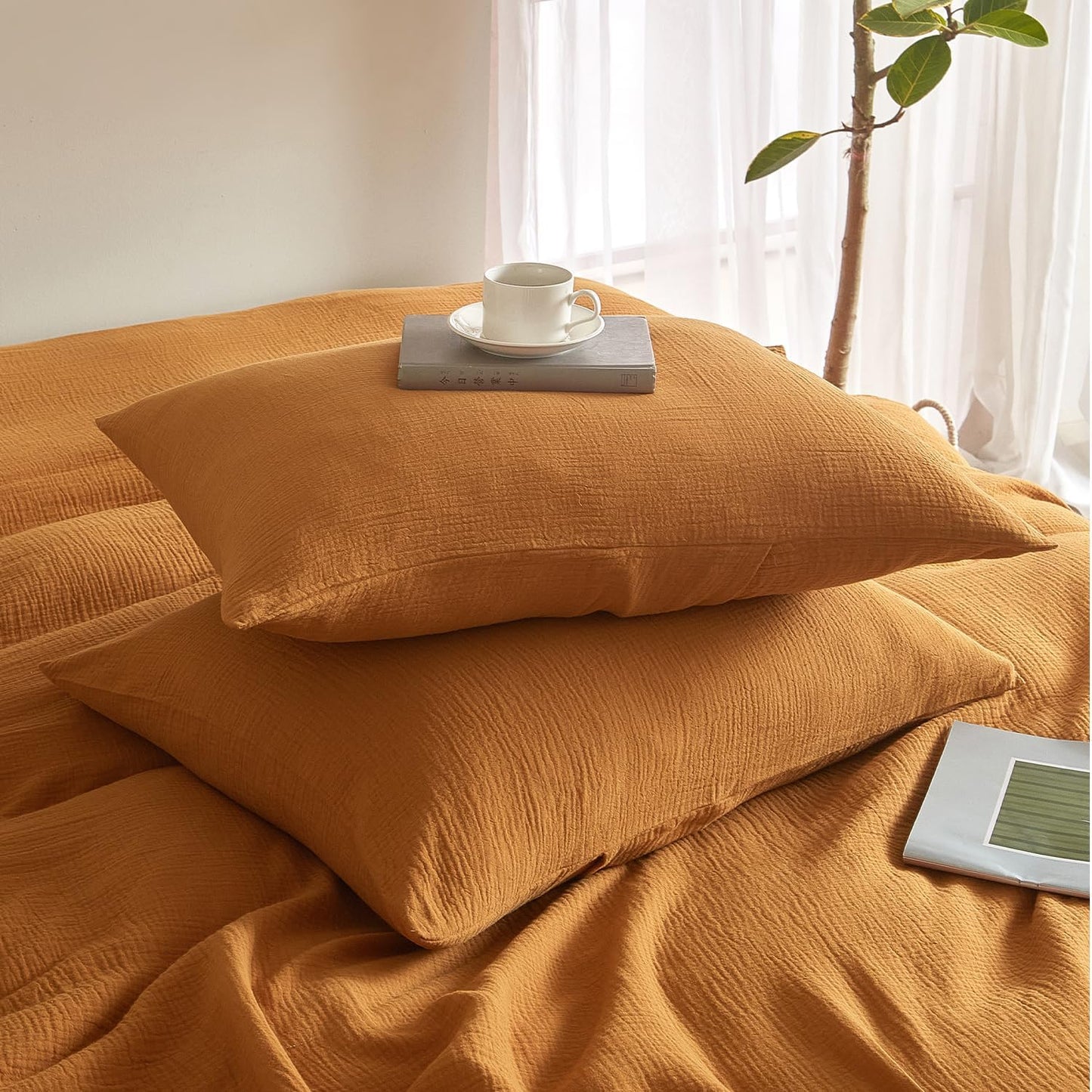 SE SOFTEXLY Muslin Pillowcases Standard Size 100% Cotton, 2 Pack Linen Like Pillow Shams with Envelope Closure, Ultral Soft and Breathable Pillow Case Covers, Pumpkin, 20" X 26", No Filling