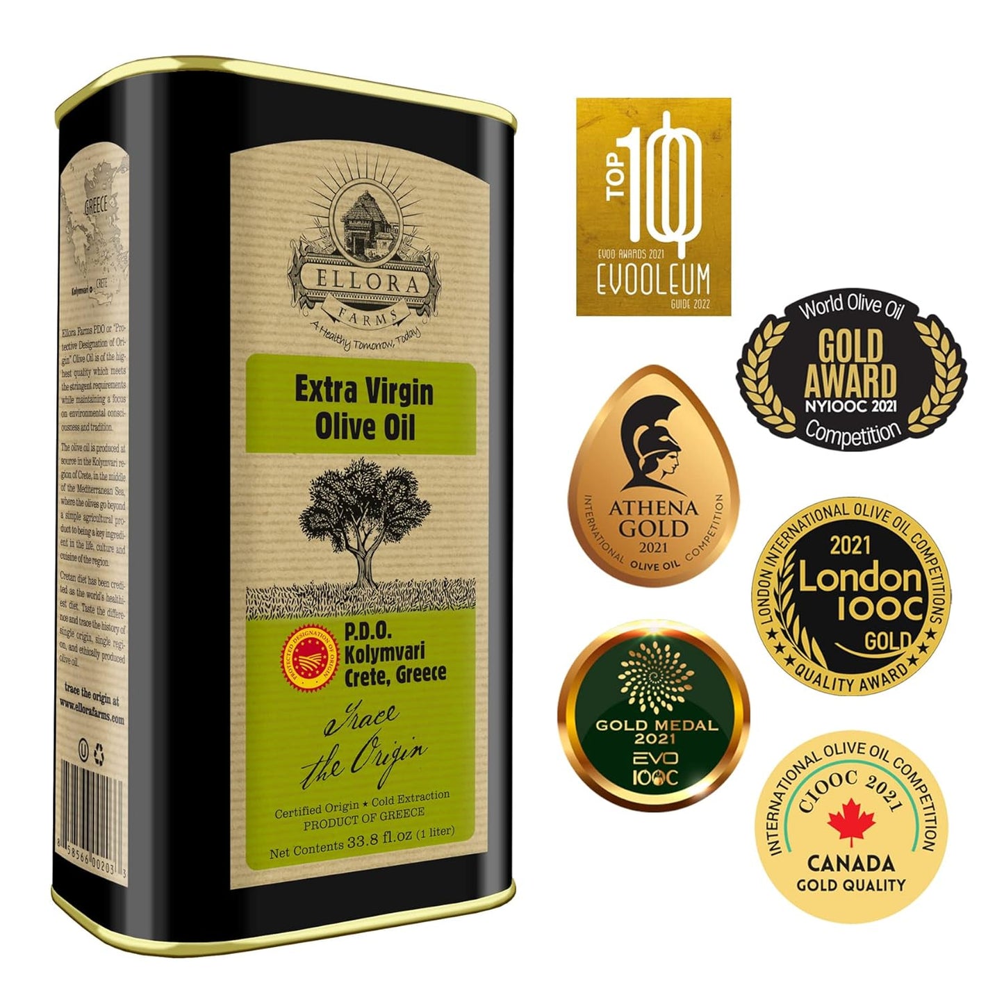 Ellora Farms Olive Oil Extra Virgin, Certified PDO Polyphenol Rich Extra Virgin Olive Oil Cold Pressed & Traceable, Global Gold Awards EVOO, Kosher, Single Origin, Crete, Greece 33.8 Fl oz (1 Ltr)