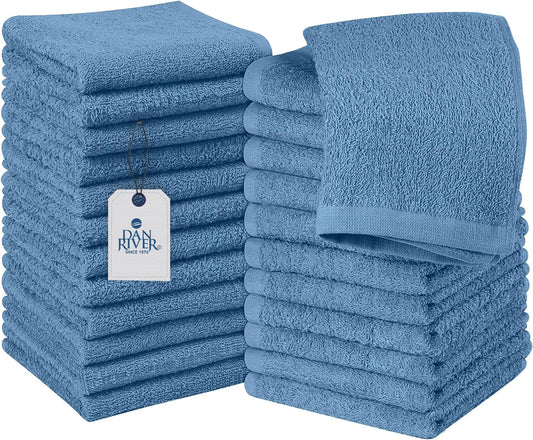 DAN RIVER 100% Cotton Wash Cloths 24 Pack [12x12] Soft & Absorbent wash rag, Gym, Hotels & Spa Perfect for Everyday Use Fingertip Towels, M-Blue