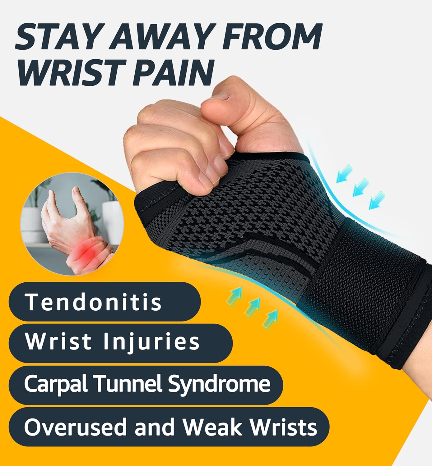 HiRui 2-Pack Wrist Brace Wrist Wraps, Hand Compression Sleeves with Wrist Straps Support for Fitness Weightlifting MTB Tendonitis Carpal Tunnel Arthritis Pain Relief (Black, X-Large)