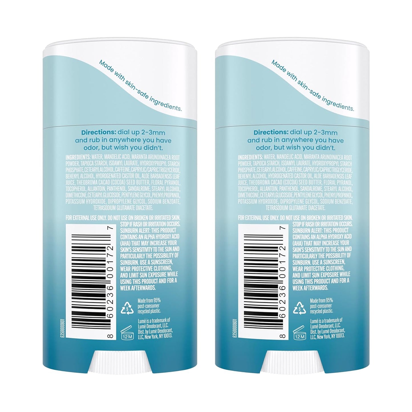 Lume Whole Body Deodorant - Invisible Cream Stick - 72 Hour Odor Control - Aluminum Free, Baking Soda Free, Skin Safe - 2.2 Ounce (Pack of 2) (Unscented)