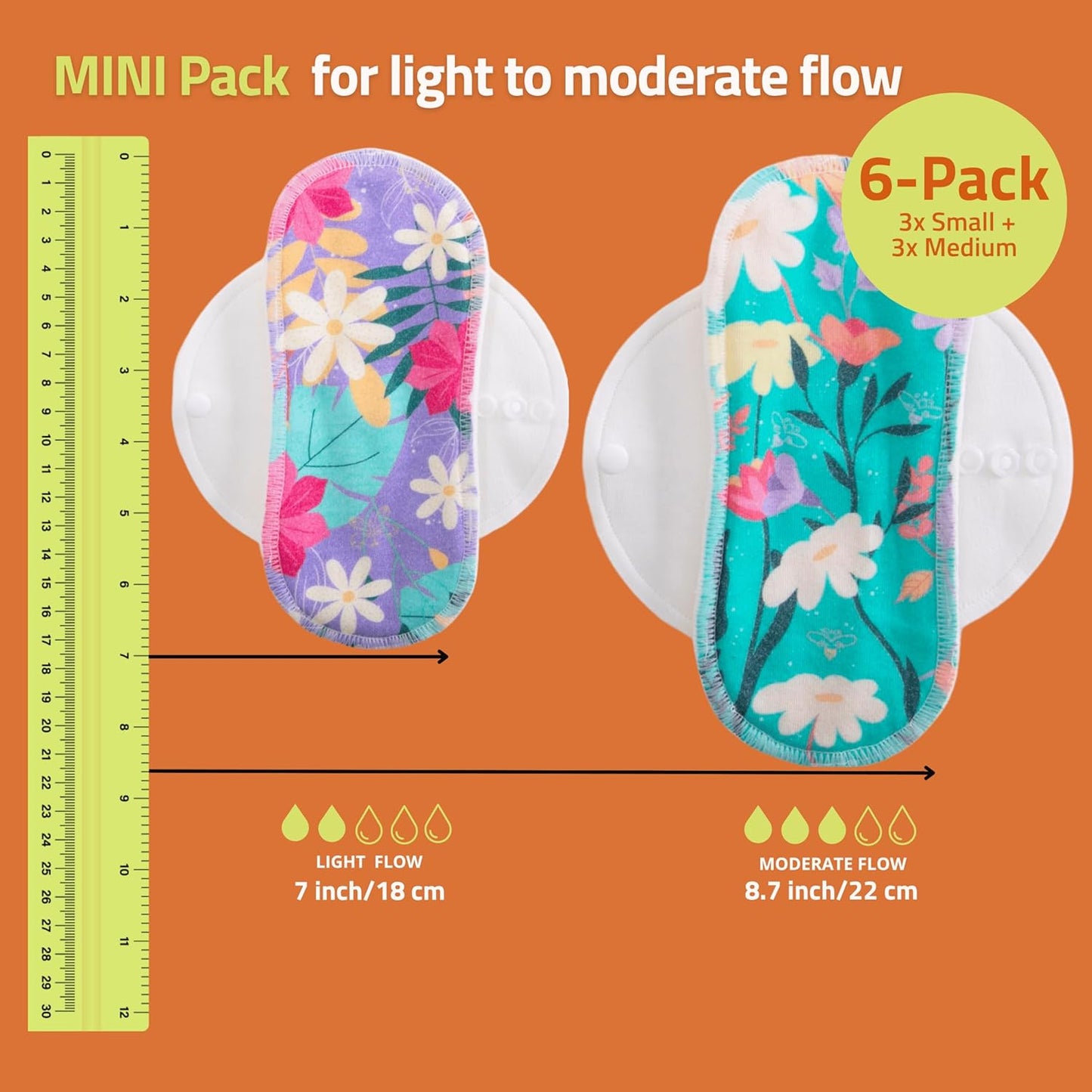 Non-Slip, (Premium) Reusable Menstrual Pads for Light Flow (6 Pack S+M) - Leak Proof & Odor Free Viscose Cloth Pads for Women & Teens - High-Temp Washable, Soft & Skin-Safe for All-Day Period Comfort