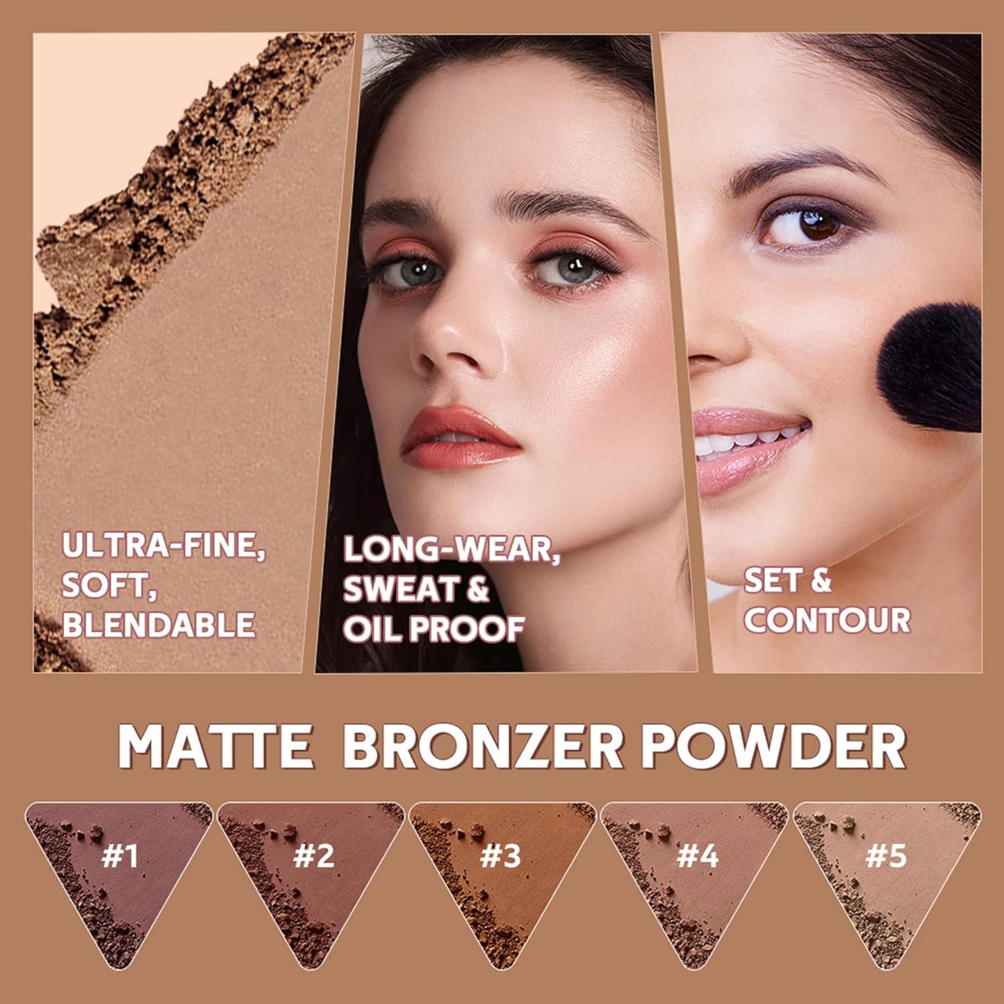 MAEPEOR Matte Bronzer Powder 5 Colors Buildable Natural Contour Bronzer Palette Long Lasting Setting Face Bronzered Powder (02 Dark)
