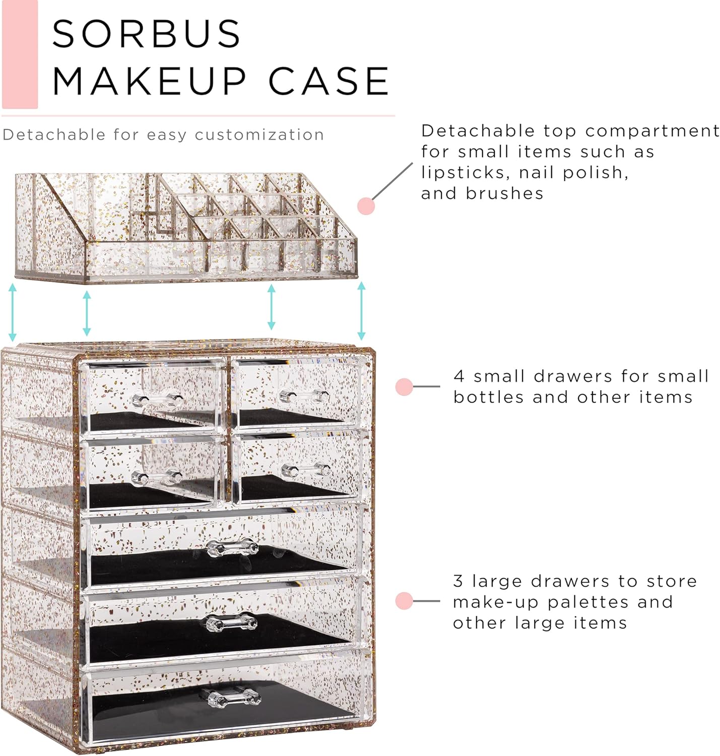 Sorbus Clear Cosmetic Makeup Organizer - Make Up & Jewelry Storage, Case & Display - Spacious Design - Great Holder for Dresser, Bathroom, Vanity & Countertop (3 Large, 4 Small Drawers) [Glitter]