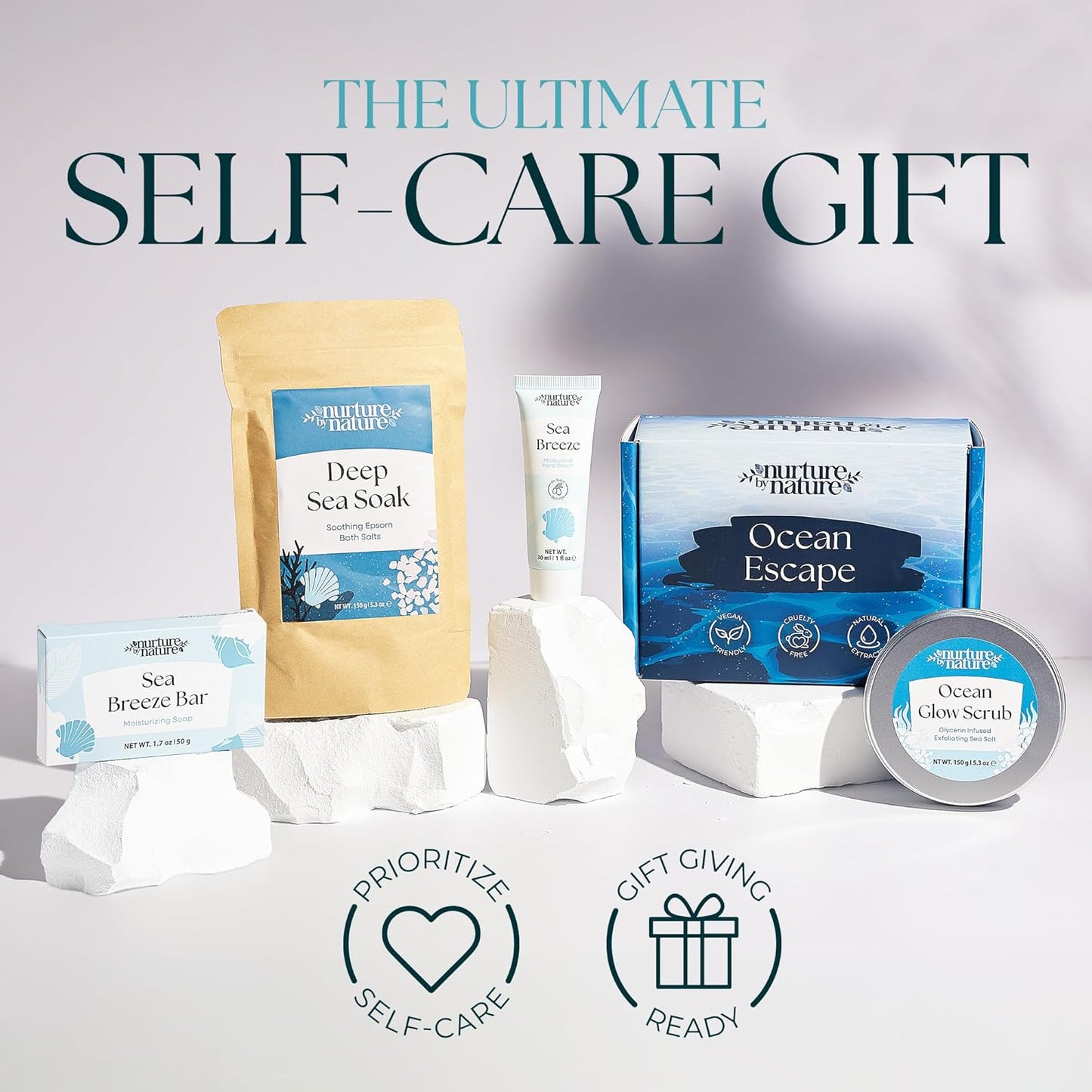 Nurture by Nature Ocean Escape Spa Gift Baskets for Women - 4 Piece Ocean Home Self Care Gift Set with Body Scrub, Bath Salts, Soap & Hand Cream - Pamper Gifts for Women Relax - Cruelty Free & Vegan