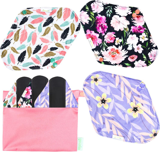 Wegreeco Reusable Menstrual Pads - Soft Cloth Sanitary Pads & Panty Liners - 6 Pack with 1 Cloth Mini Wet Bag (Large, Flower 02)