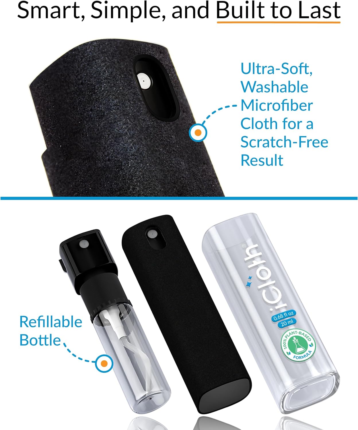 6X iCloth 2-in-1 Screen Cleaner Spray & Microfiber Cloth for Laptops, Tablets, Phones, Car Screens & Touchscreens, Streak-Free & Anti-Smudge, Large 0.68 fl oz (20ml) Bottles for Family Use