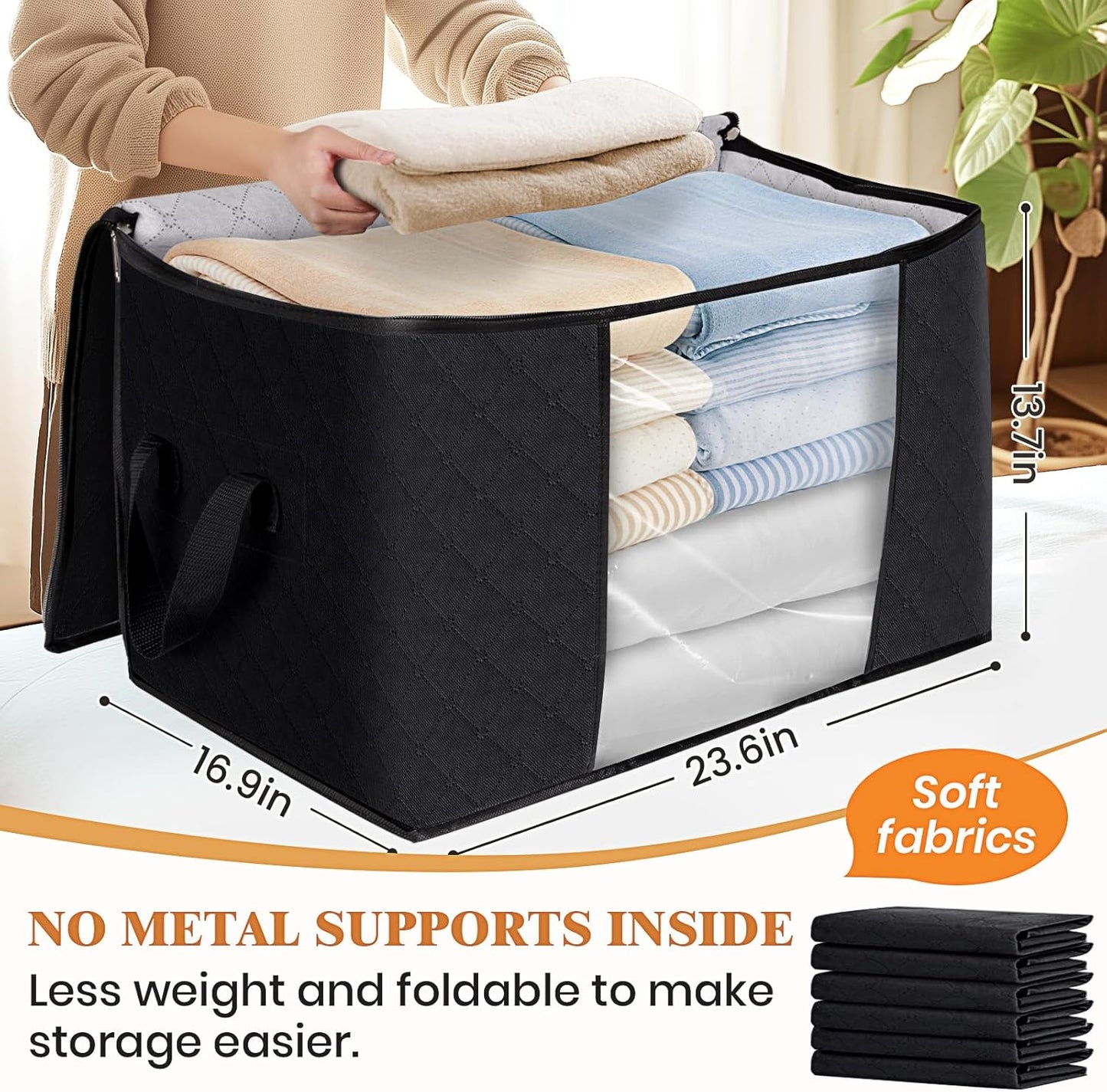 Fab totes 24 Gallons Clothes Storage, Foldable Thick Fabric Blanket Storage Bags, Containers for Organizing Bedroom, Closet, Clothing, Comforter, Organization with Handle (3 Pack,Black)