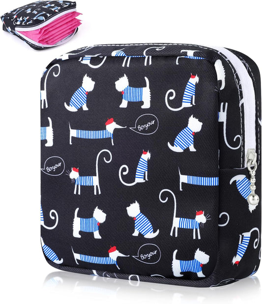 Desing Wish Sanitary Pad Storage Bag Portable Period Bag for Teen Pads/Sanitary Napkins/Small Tampons, Sanitary Napkin Storage Bag First Period Gifts for Teen Girls (Blue Striped Dog)