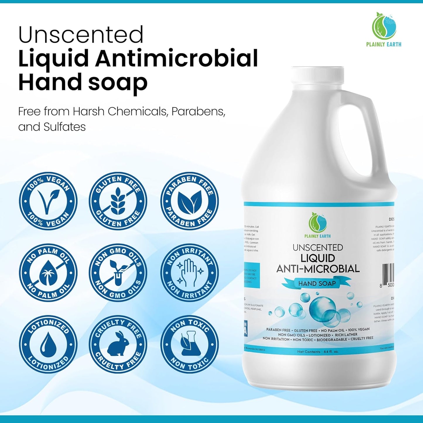 AntiMicrobial Hand Soap, 64 oz Bulk Refill - Antibacterial Hand Soap, Gentle, Moisturizing Hand Soap for Kitchen and Bathroom - Unscented