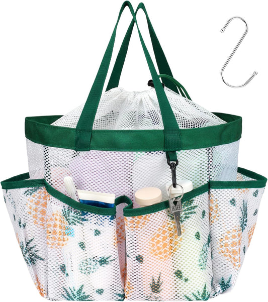 F-color Mesh Shower Caddy Portable with Drawstring - Upgrade Deeper 7 Pockets Dorm Room Essentials for Guys Girls with S Hook, Shower Bag Basket Tote for College Camping Bathroom, Green Pineapple