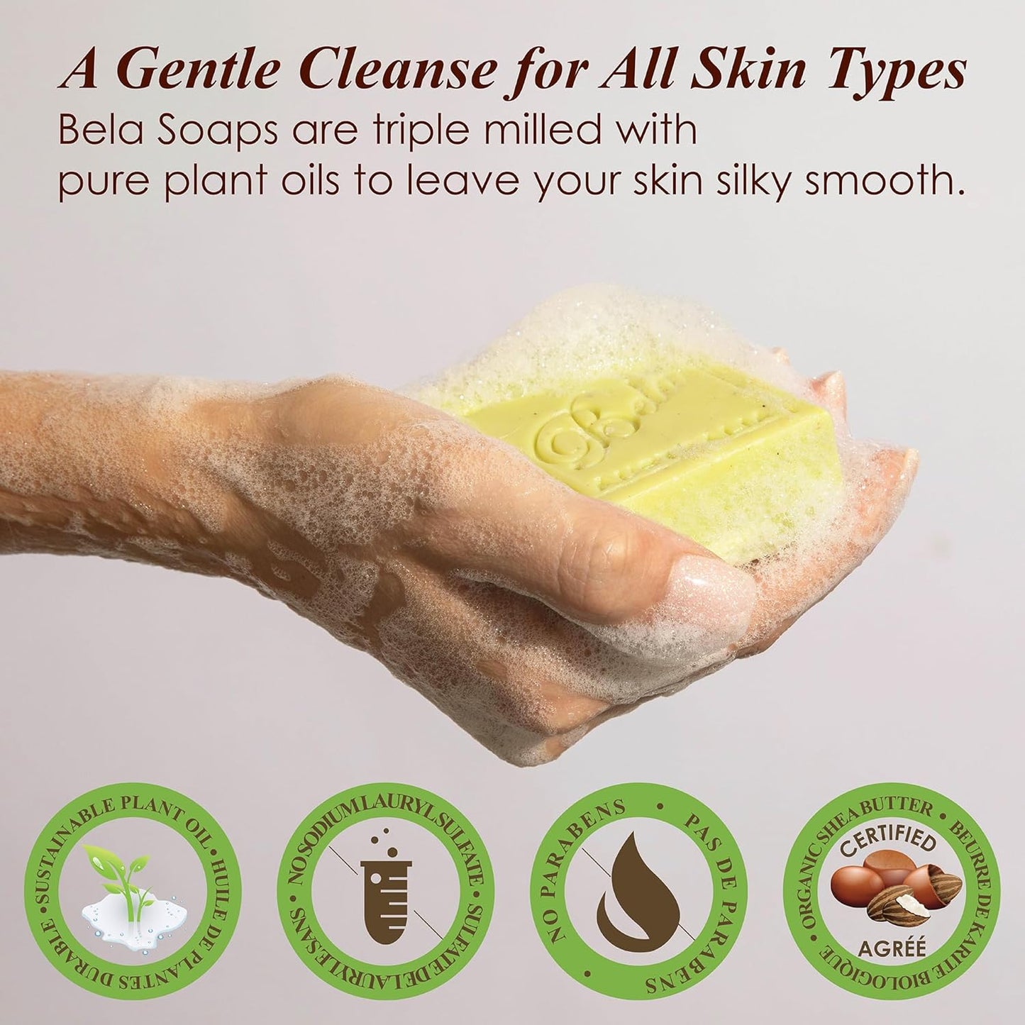 BELA Lemon Myrtle and Lemongrass Soap 3.3 OZ Pack of 12, Long Lasting French Triple Milled Bar Soap with Organic Shea Butter Hand, Face and Body Wash Bar, Made in Australia