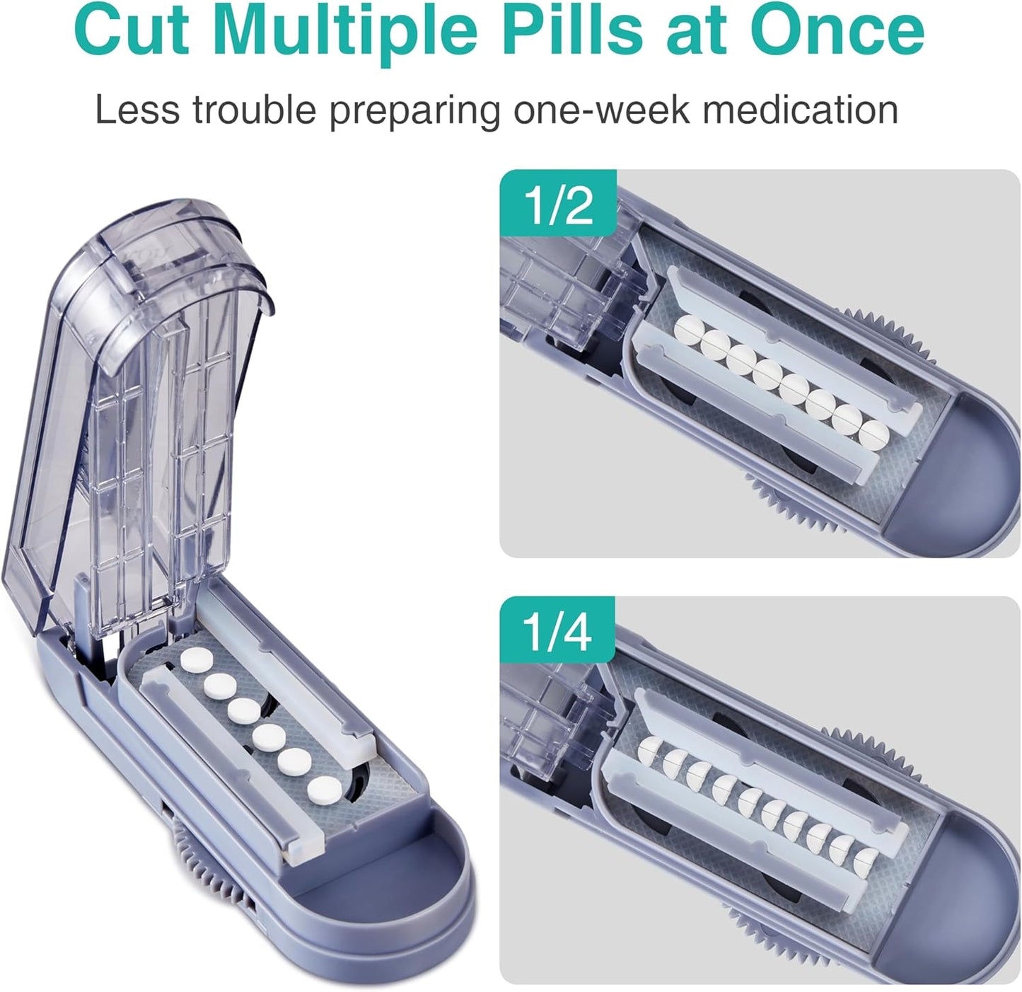 Fullicon Multiple Pill Cutter - Adjustable for Small Pills With Accurate Alignment, Stainless Steel Cutting Blade & Guard, Splitter With Free Brush & Box (Grey)