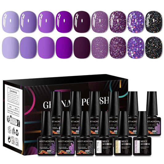 MEET ACROSS 9 Colors Gel Nail Polish + 3PCS Function Gel Nail Polish Kit,Fashion Nail Art Set Design Gifts for Women Manicure Salon (SET21, 12pcs)