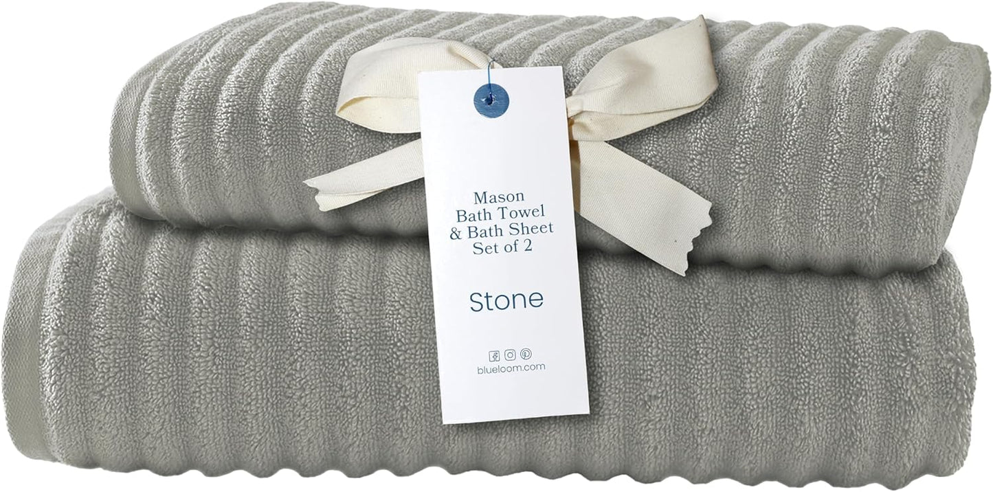 Blue Loom Ribbed Bath Sheet & Towel, 100% Cotton 600 GSM, Soft Absorbent Durable Quick Drying Bath Sheet & Bath Towel Set for Bathroom - Mason Set of 2 Stone Grey (65" x 45" & 58" x 30")