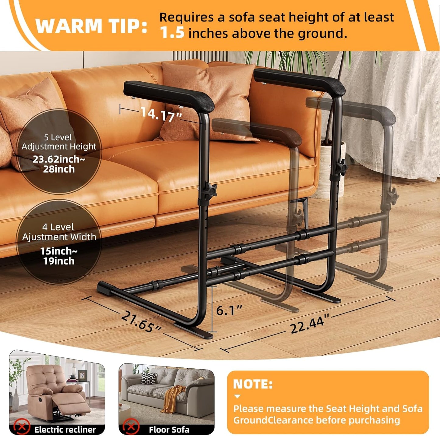 Couch Stand Assist with Wide Handle for Elderly, Height & Width Adjustable Chair Lift Assistance for Seniors, Pregnancy, Disabled, Soft Grip Mobility Aid,450 lbs Capacity (Black)