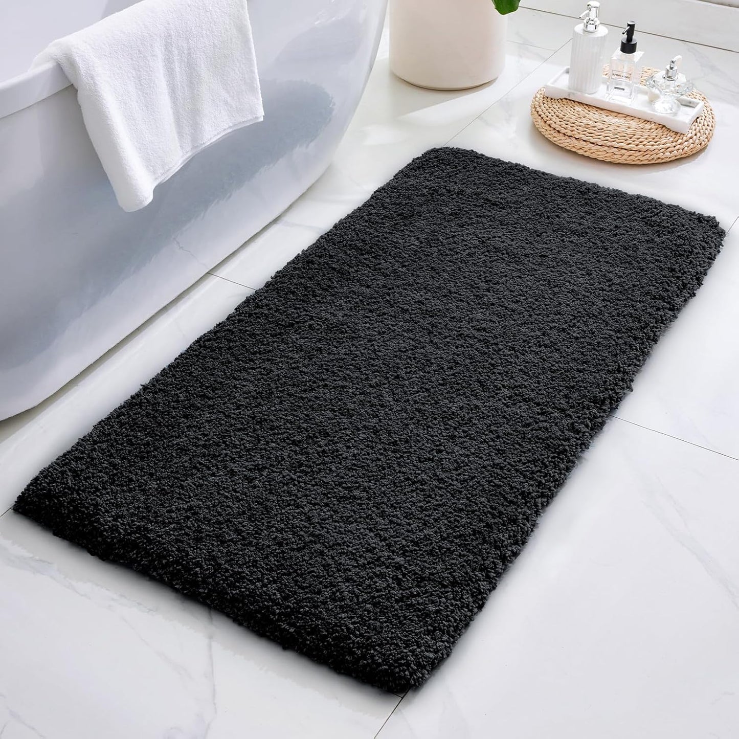ILANGO Black Bathroom Rugs 70" × 24" Non Slip & Super Absorbent Thick Soft, Washable Bath Carpet Runner for Floor, Microfiber Plush Shaggy Bath Mats with Rubber for Bedroom Bathtub Shower Room