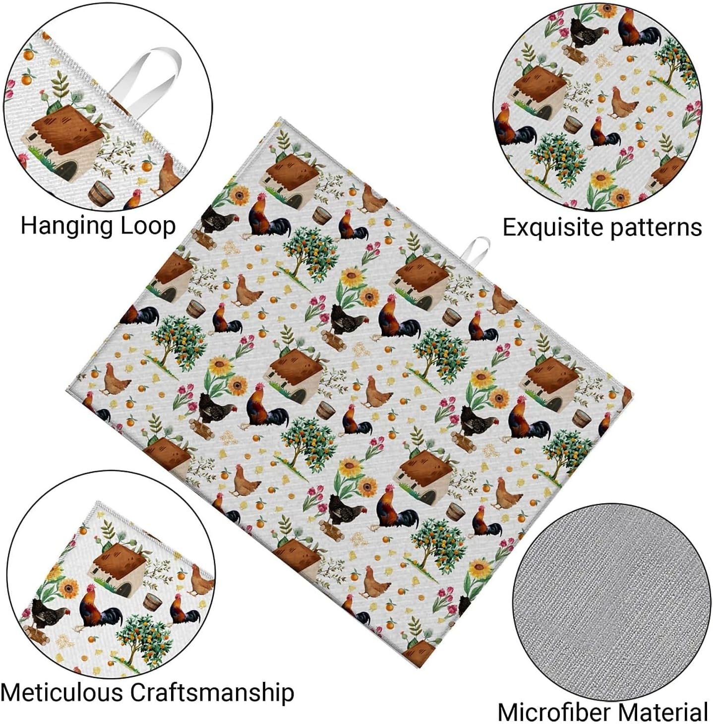 Dish Drying Mat For Kitchen Counter, Farmhouse Rooster Microfiber Absorbent Dish Drainer Rack Pad Reusable Large 18x24in Drying Mat