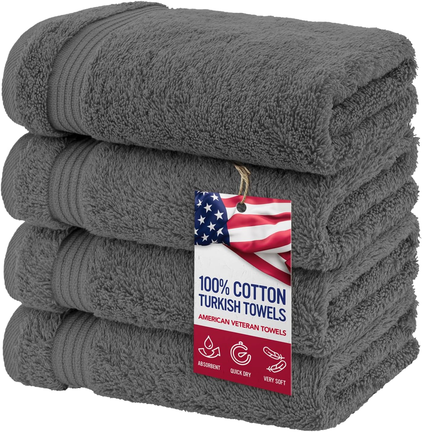 American Veteran Towel, Hand Towels for Bathroom Set of 4, 100% Cotton Turkish Hand Towel Sets, Soft Hand Face Towels, Dark Gray Hand Towels