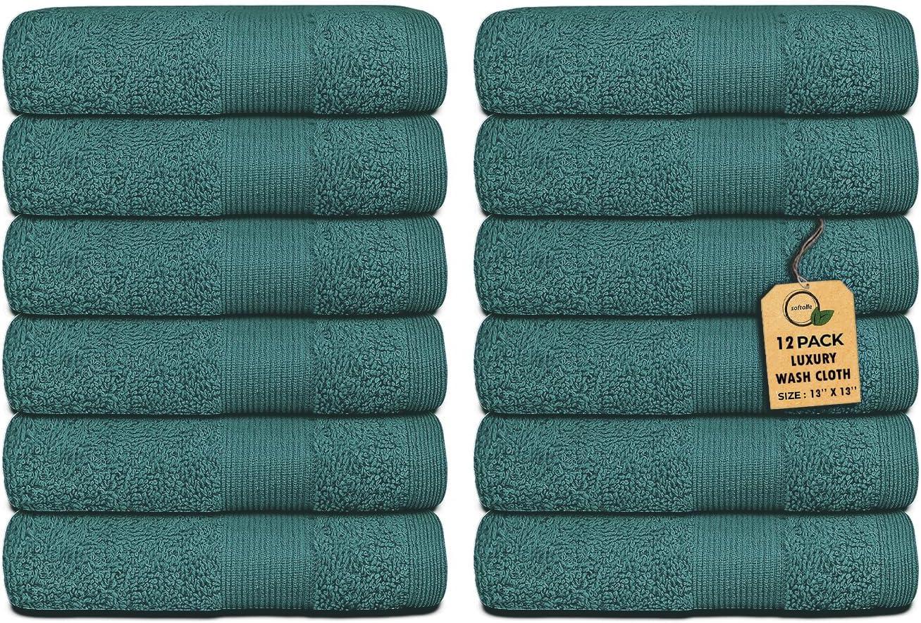 Premium Wash Cloths Pack of 12 (13" x 13") 100% Ring Spun Cotton | Luxury Washcloths | Ultra Soft Face Towels | Highly Absorbent Wash Cloths for face (Teal)
