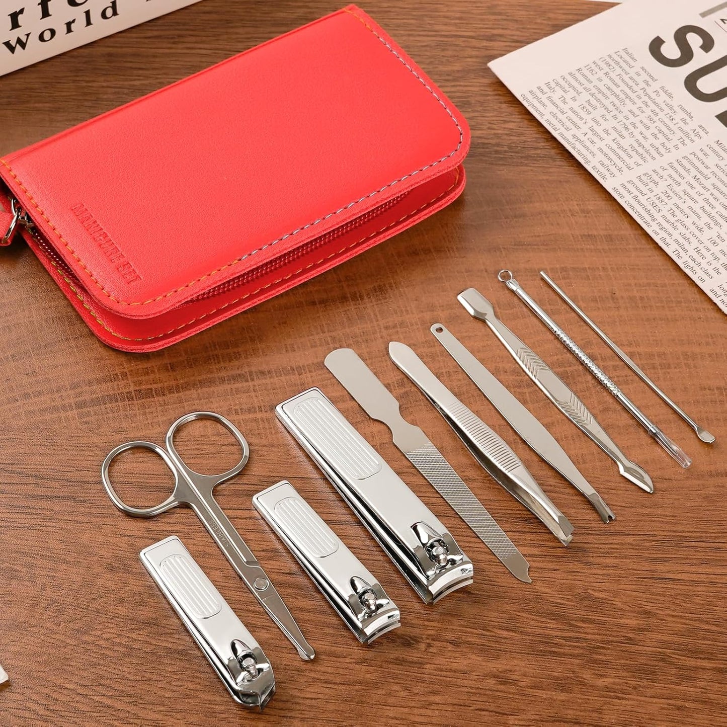 Premium Stainless Steel Nail Clippers Set - Travel Grooming Kit, 10pc Manicure/Pedicure Tools with PU Case - Unisex Gift for Men and Women(C-Red)