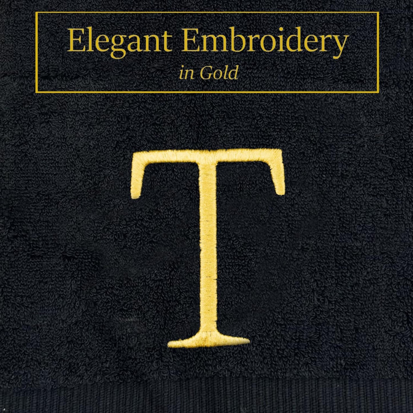 Black and Gold Bathroom Hand Towel - Monogrammed Luxury Hotel Quality Decorative Embroidered Towel for Powder Room, Spa - GOTS Organic Certified - Pack of 2, Letter T