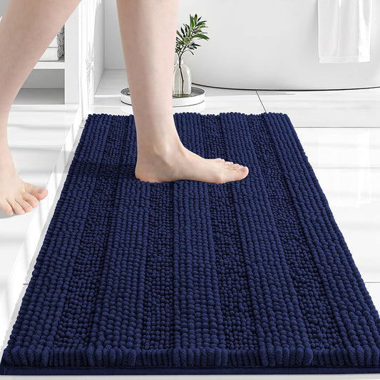 Grandaily Chenille Striped Bathroom Rugs 30x20, Extra Thick and Absorbent Bath Mats, Non-Slip Soft Plush Shaggy Shower Carpet, Machine Wash Dry, Bath Rug for Bathroom, (Medium, Navy)