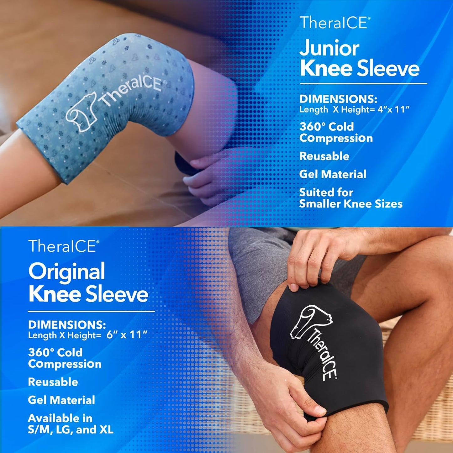 TheraICE Junior Knee Ice Pack Wrap Compression Sleeve for Injuries, Reusable Gel Cold Packs Brace Also for Ankle & Calf - Flexible Cold Wrap Recovery for Meniscus, ACL, MCL Pain Relief (X-Small)
