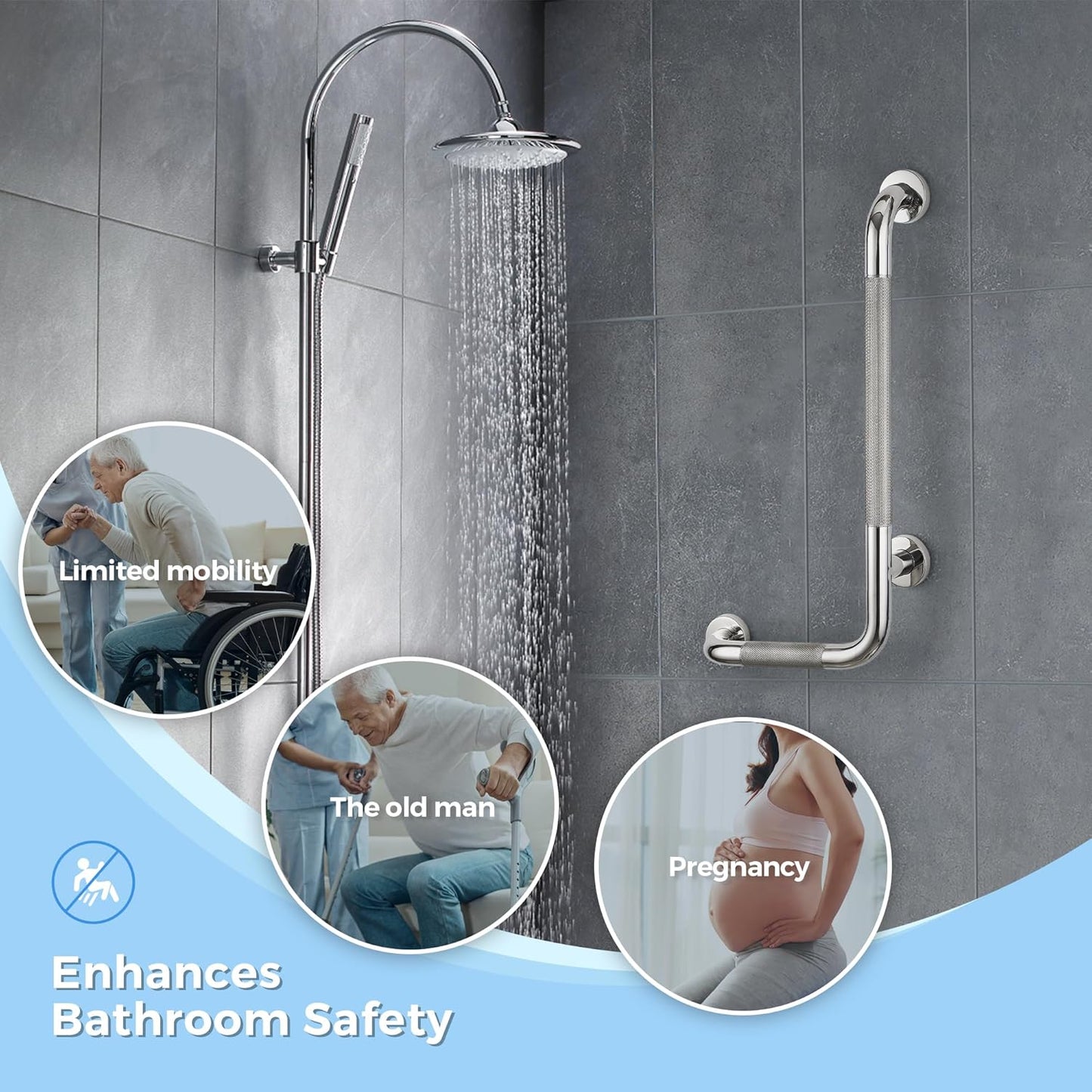 L-Shaped Grab Bars for Shower, 24x12 Inch Stainless Steel Grab Bars for Elderly for Wall Mount, Anti-Slip Knurled Grip Bathroom Safety Rail, Right