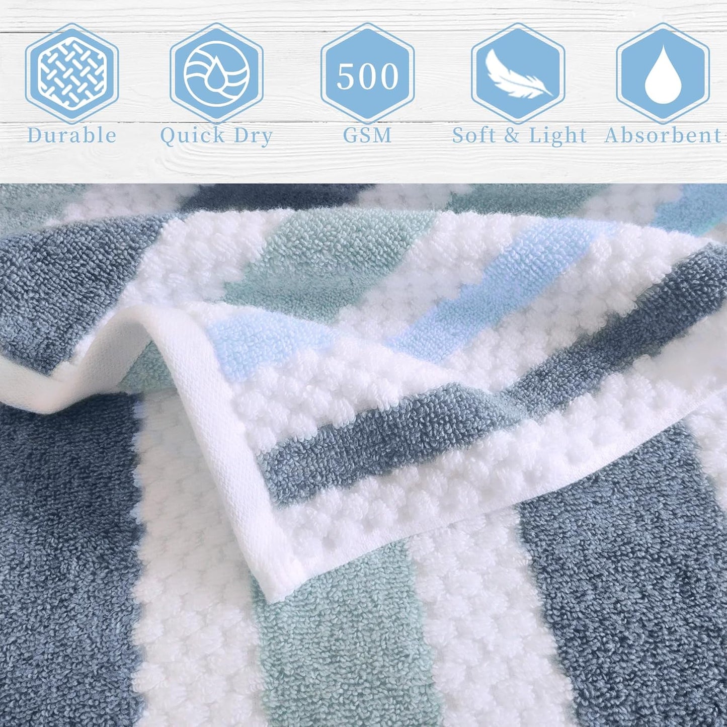 Waffle Hand Towels, 4PC 16"x27" - Cotton Polyester Blend | Quick Dry | Absorbent | Lightweight | Thick | Soft | 500GSM, Striped Hand Towel, Durable Towel for Bathroom, Blue Gray Stripe & White Checker