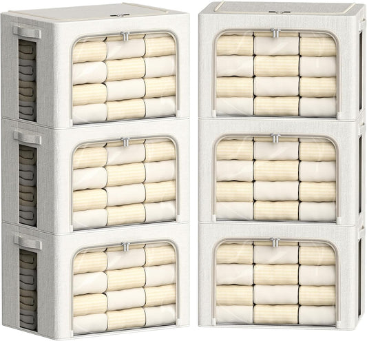 FHSQX 6 Pack Clothes Storage Bins with Metal Frame 100L Foldable Storage Bins for Clothes Linen Fabric Storage Box with Clear Window (Lvory White, 23.6x16.5x15.7inch(100L))