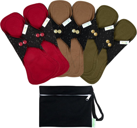 wegreeco 6 Pcs Reusable Menstrual Pads, Ultra Absorbent Cloth Pads for Heavy Flow, Sanitary for Teens, Women, Nonslip Panty Liners + Bag (Aqua, Burgundy, Coffee, M)