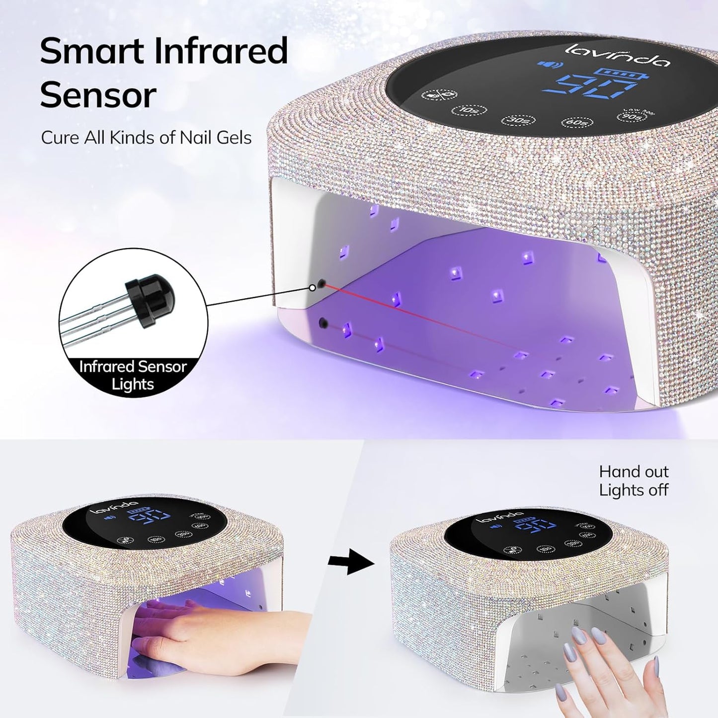 Lavinda UV LED Nail Lamp for Gel Nails, Cordless Rechargeable Nail Light with 4 Timer Settings, Touch LCD Display, Removable Base, 54W Professional Nail Dryer for Salon Home Use Diamond Design