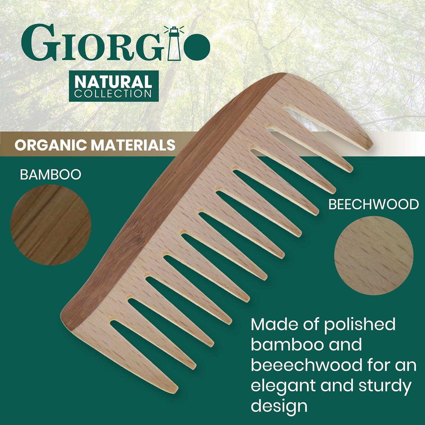 Giorgio GIONAT7 Large Natural Wooden Comb - Detangler Wide Tooth Comb for Curly, Long, and Thick Hair - Bamboo and Beechwood Organic Hair Comb