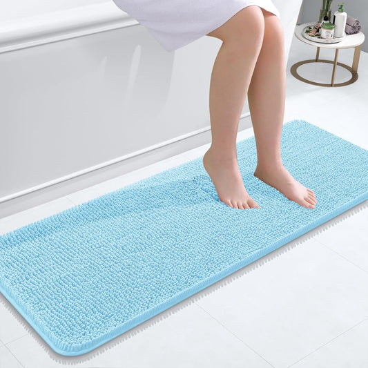 OLANLY Bathroom Rugs 47x17, Extra Soft Absorbent Chenille Bath Rugs, Rubber Backing Quick Dry, Machine Washable Bath Mats for Bathroom Floor, Tub and Shower, Home Decor Accessories, Sky Blue