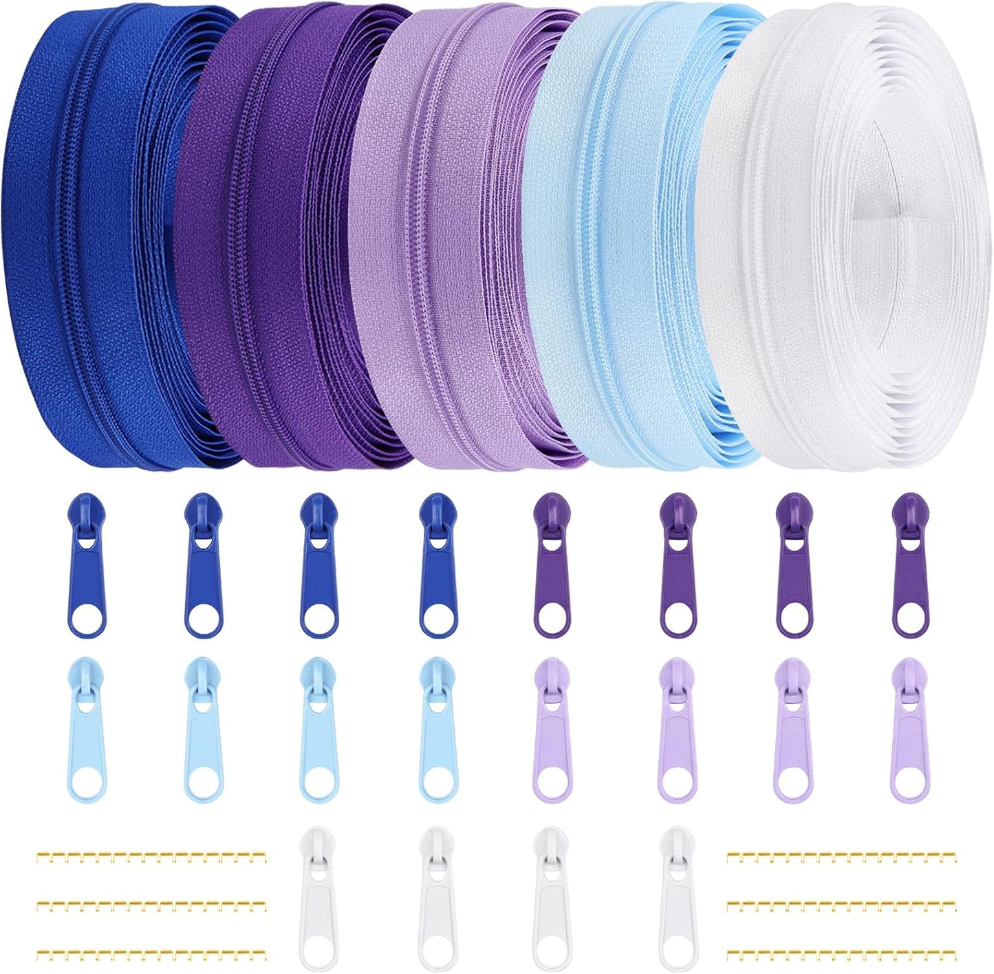 DOITEM 15.3 Yards/ 14 m 5 Pieces Assorted Colors #3 Nylon Coil Zippers, Sewing Zippers Endless Zips with 20 Pieces Zipper Sliders Zip Heads for DIY Sewing Tailor Craft Supplies (Purple Blue White)