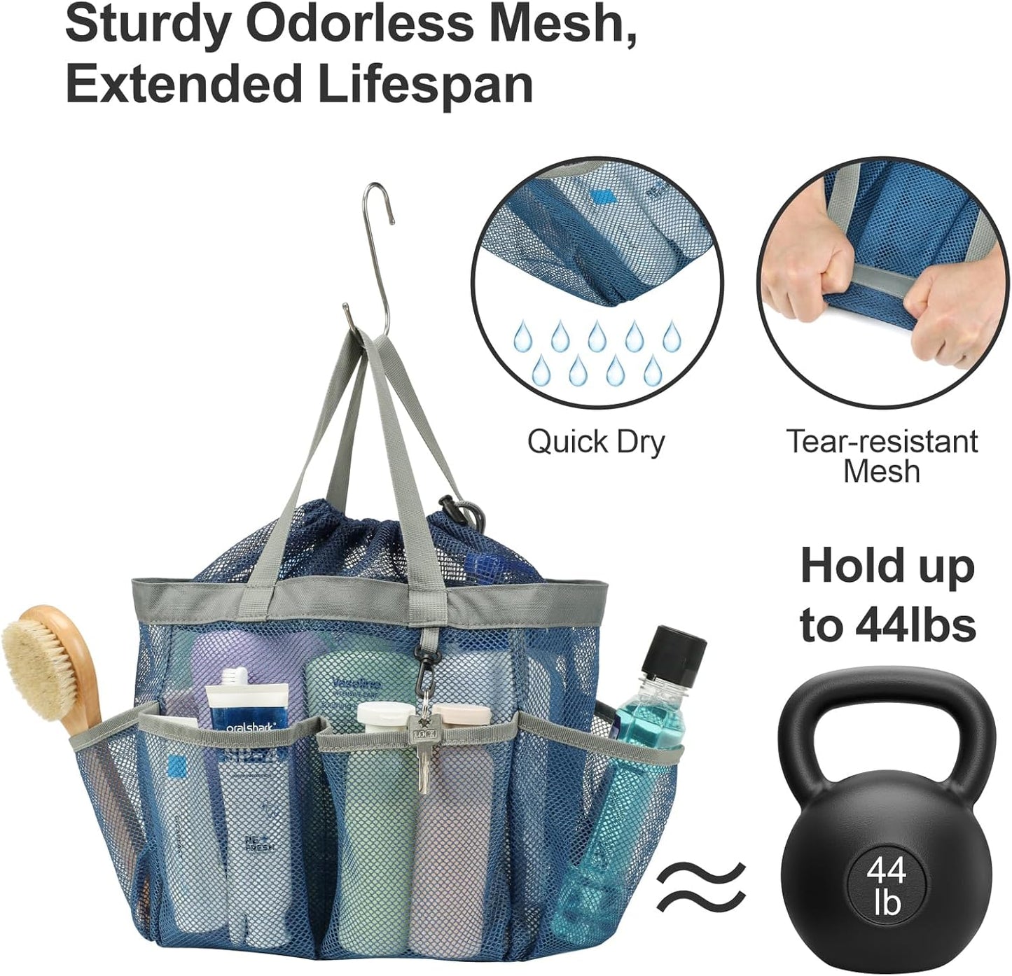 F-color Mesh Shower Caddy Portable with Drawstring - Upgrade Deeper 7 Pockets Dorm Room Essentials for Guys Girls with S Hook, Shower Bag Basket Tote for College Camping Toiletry Bathroom, Blue