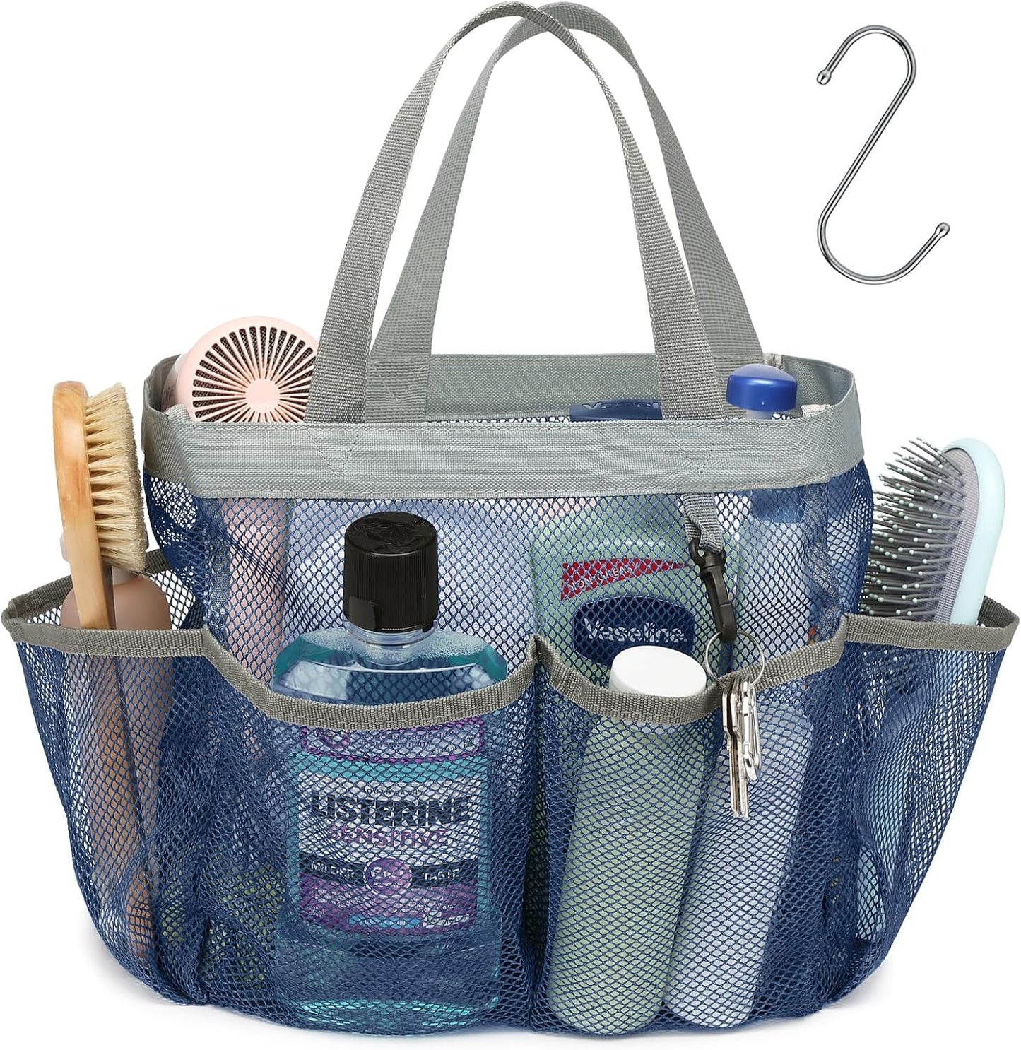 F-color Mesh Shower Caddy Portable - Navy Blue, Upgrade Deeper 7 Pockets Shower Bag Basket Tote for College Dorm Room Toiletry Bathroom Essentials Gym Camp Quick Dry 2 handles with S Hook