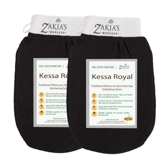 Moroccan Kessa Exfoliating Glove - Value Pack (2 piece) Black- Microdermabrasion exfoliating mitts, Removes unwanted dead skin, dirt and grime and Keratosis Pilaris. Great for spray tan removal.