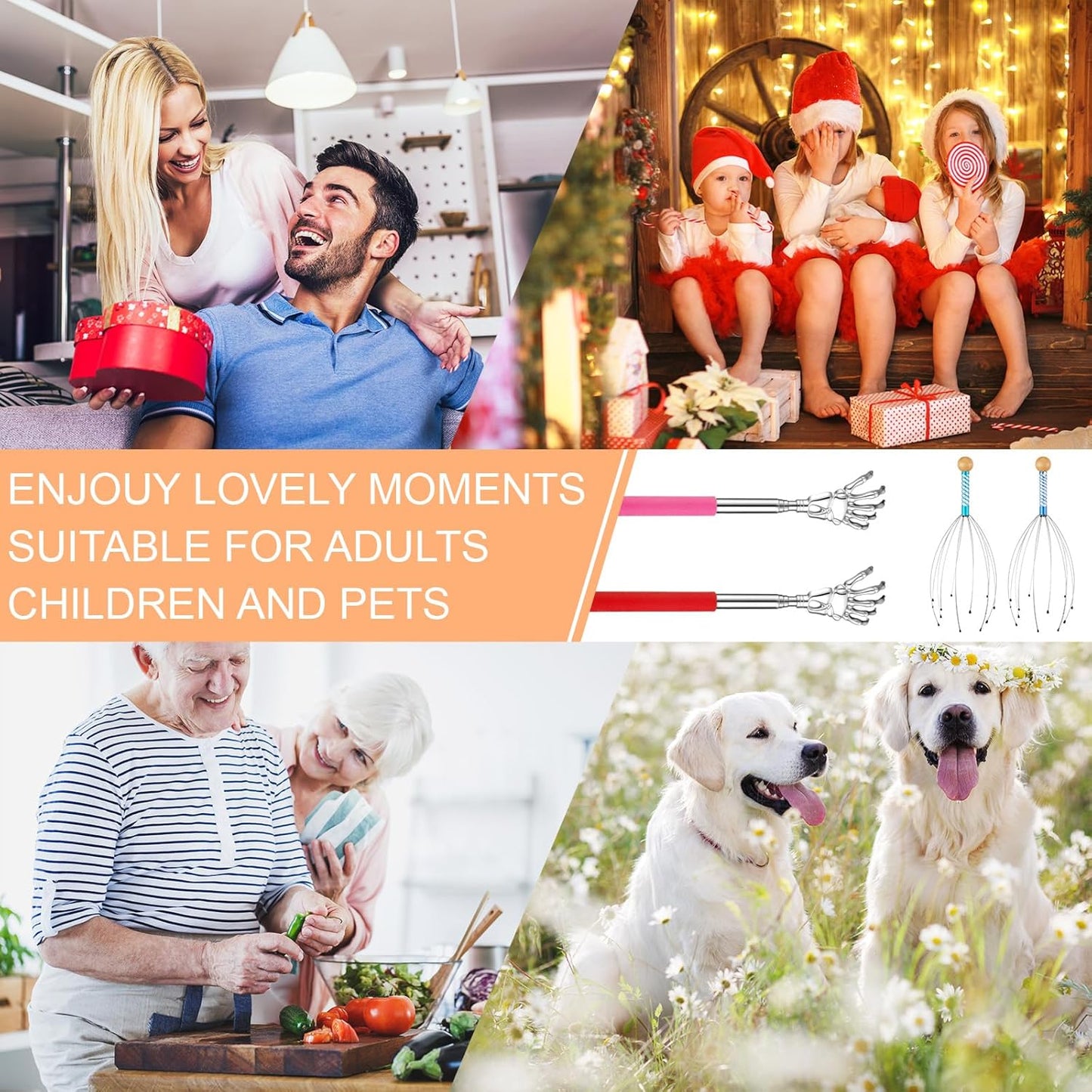 Geiserailie 48 Pack Head Scratcher Scalp Massagers, Extendable Back Scratchers, Four Point Massage Tools, Finger Massager Rings for Deep Relaxation Stress Relief Hair Stimulation Men Women Adult Gifts