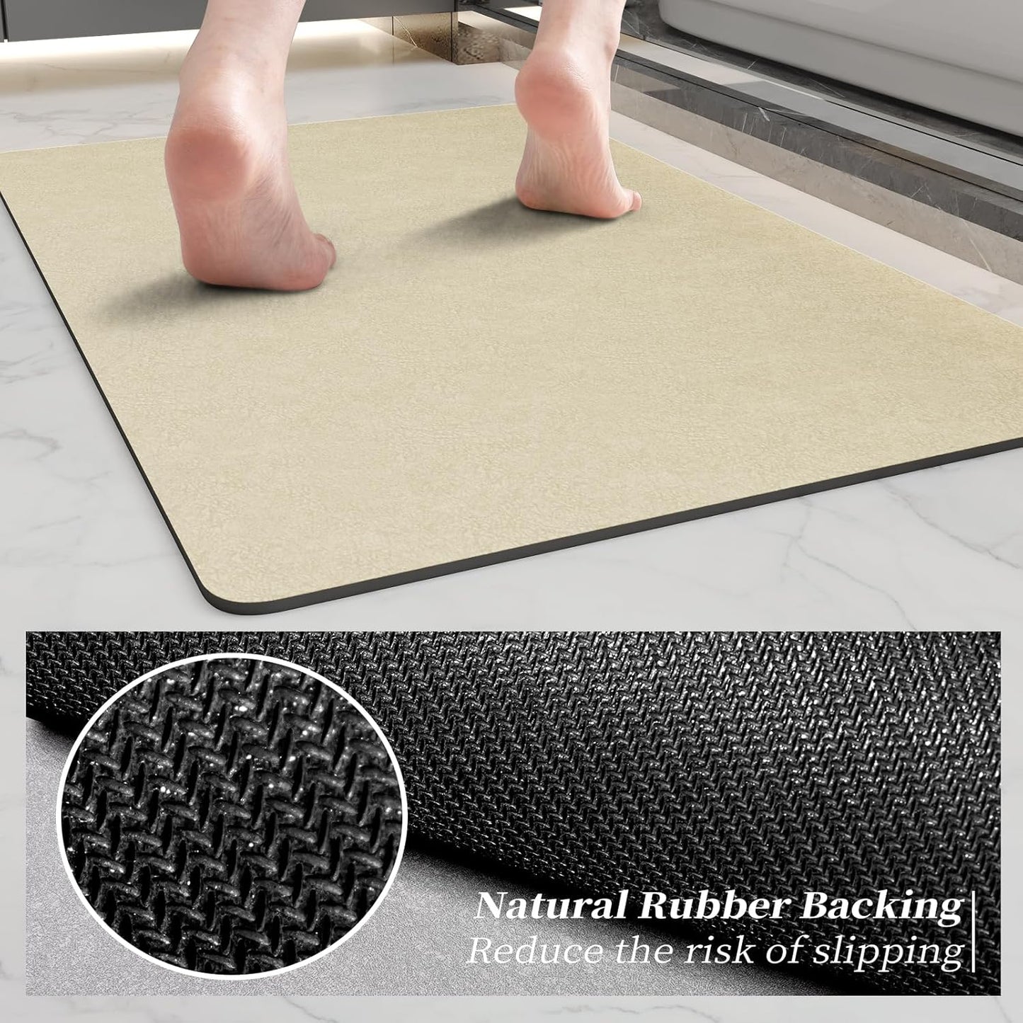Bath Mat Rugs 32x17 - Diatomaceous Earth Bath Mats Quick Dry Absorbing Bathroom Rugs Rubber Non Slip Thin Bathroom Mat Fit Under Door, Bath Mat for Bathroom Floor, Tub and Shower, Sink, Beige