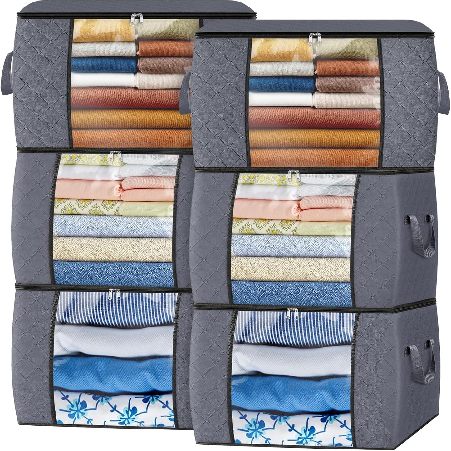 Fab totes 24 Gallons Clothes Storage, Foldable Thick Fabric Blanket Storage Bags, Containers for Organizing Bedroom, Closet, Clothing, Comforter, Organization with Handle (6 Pack,Grey)