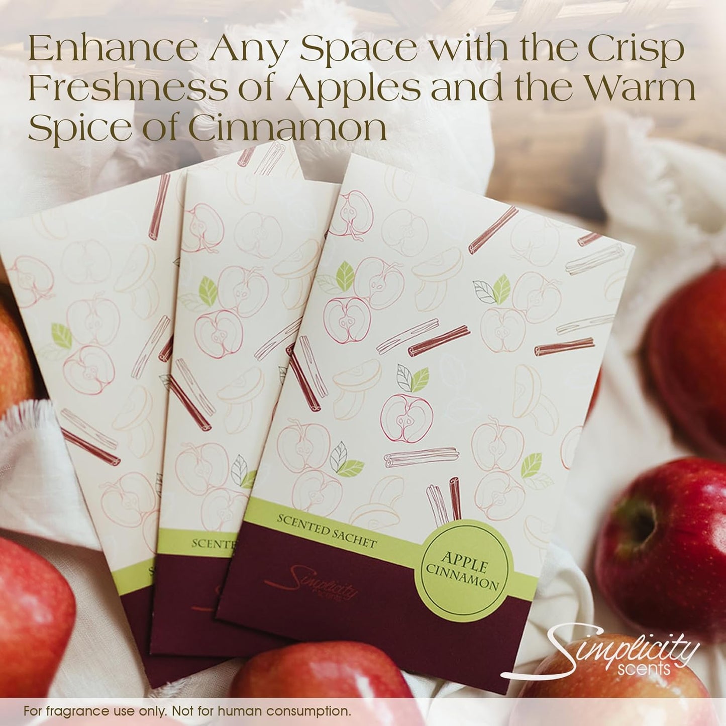 Simplicity Scents Apple Cinnamon Scented Sachets Pack of 3, Fall & Winter - Long-Lasting Scented Bags, Home Fragrance, Air Freshener & Deodorizer for Closet, Room, Drawer, or Cars, Made in USA