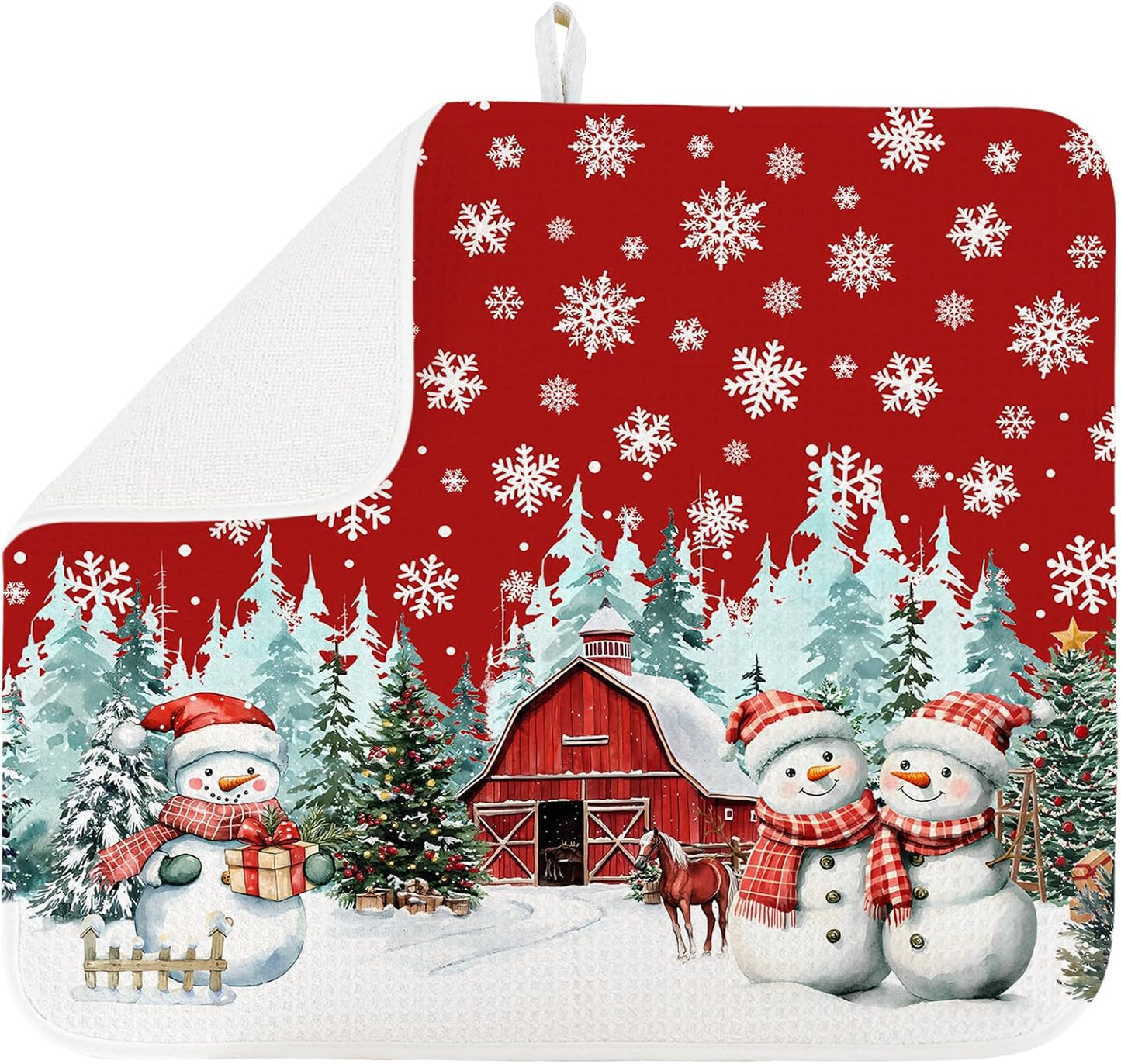 Dish Drying Mat for Kitchen Counter Large 16" x 18" Christmas Farmhouse Rustic Snowman Absorbent Microfiber Dishes Drainer Rack Mats Pad Reusable Washable