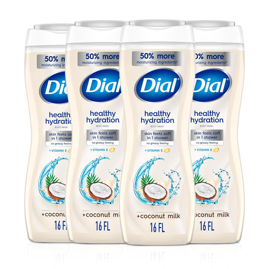 Dial Body Wash, Healthy Hydration, Coconut Milk + Vitamin E, 16 fl oz (Pack of 4), Gentle, Leaves Skin Feeling Soft In 1 Shower, Dermatologist-Tested, No Parabens & Silicones
