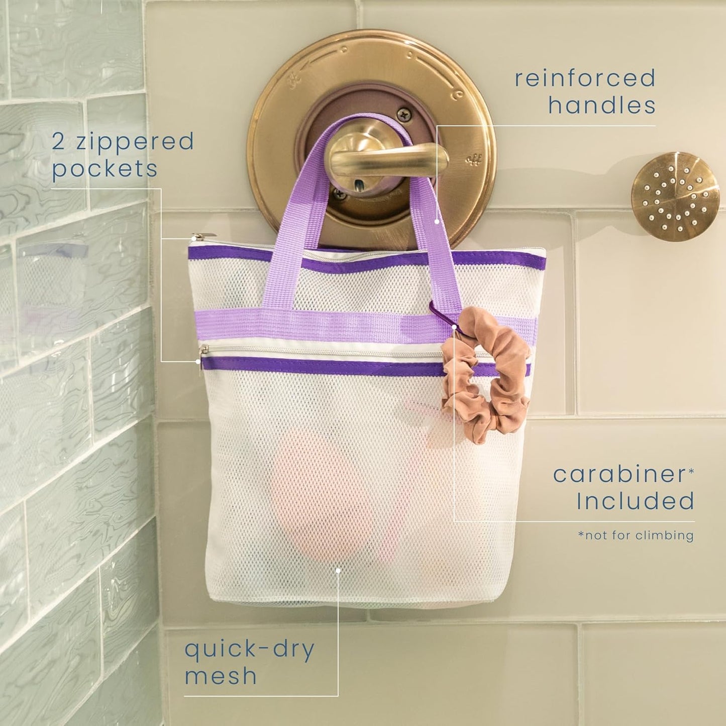 S&T INC. Mesh Shower Caddy, Shower Bag for Dorm Room Essentials, Gym Bag, Camping and More, Two Zippered Pockets, White and Purple, 10 Inches x 10 Inches